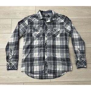 BKE Buckle Shirt‎ Mens Navy Blue Plaid Pearl Snap Pockets White Western Size L